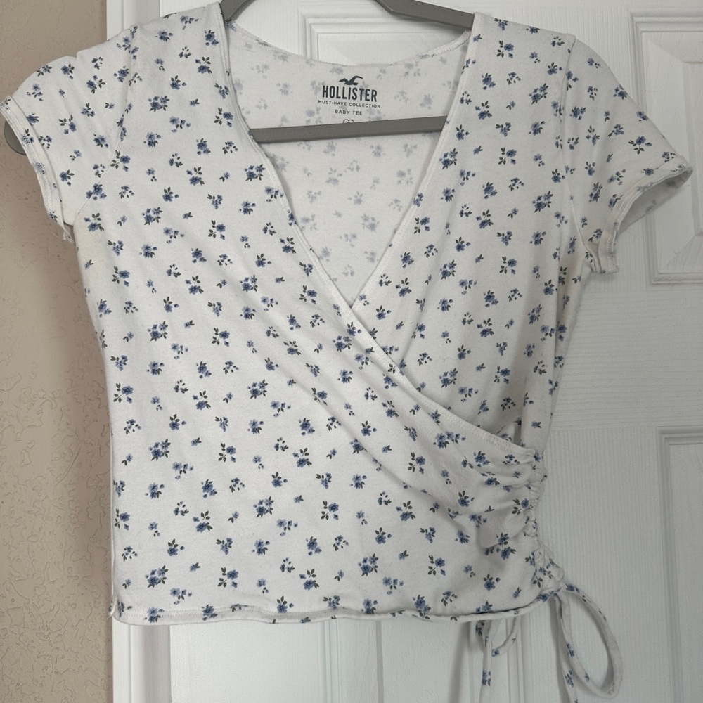 Hollister White Tee with Blue Floral Design